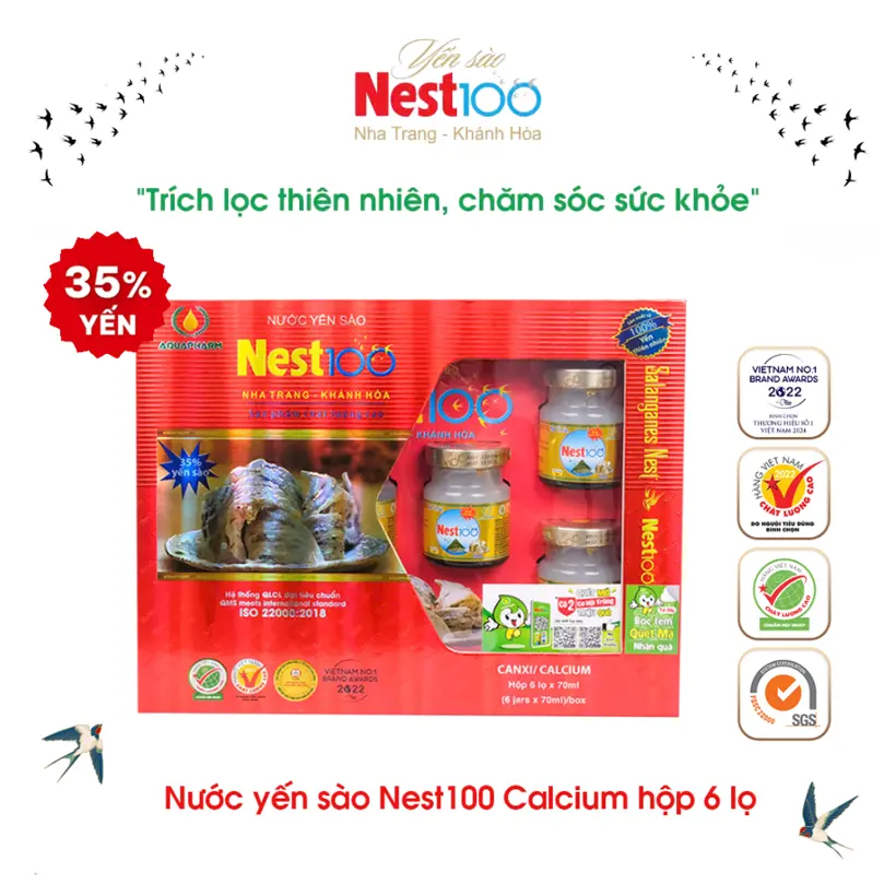 Nước Yến sào Calcium Nest100 – Bổ sung canxi giúp xương chắc khỏe (6 lọ + túi)